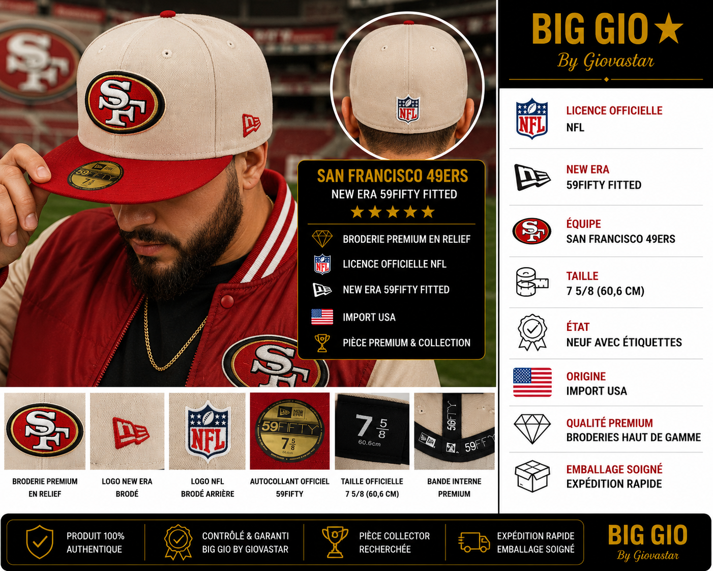 🏈 New Era 59FIFTY San Francisco 49ers Stone Red NFL Fitted 7 5/8 USA