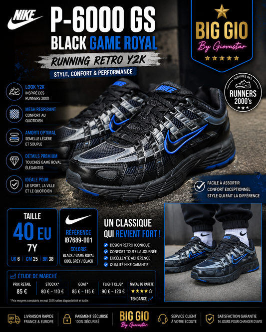 ⚡ Nike P-6000 GS Black Game Royal 💙🖤 Y2K Running Retro Ultra Tendance EU 40