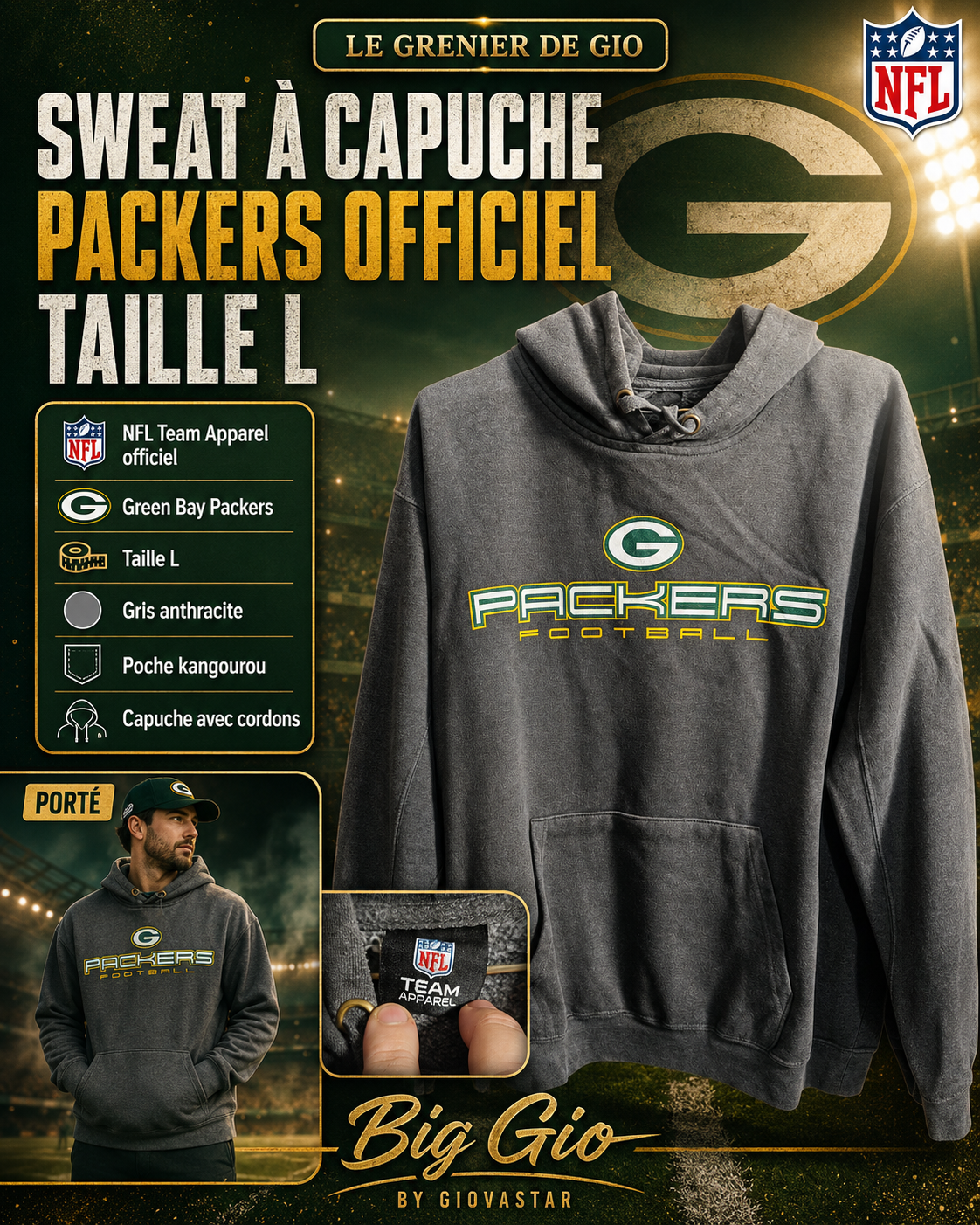 Sweat à capuche NFL Green Bay Packers Football gris – Taille L