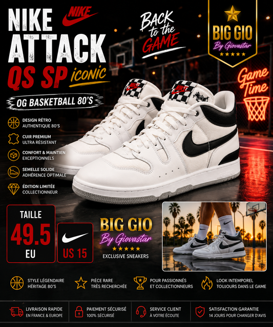 👑 Nike Attack QS SP White Black • Neuve avec boîte • Iconique Basketball 80's • Taille US 15 / EU 49.5
