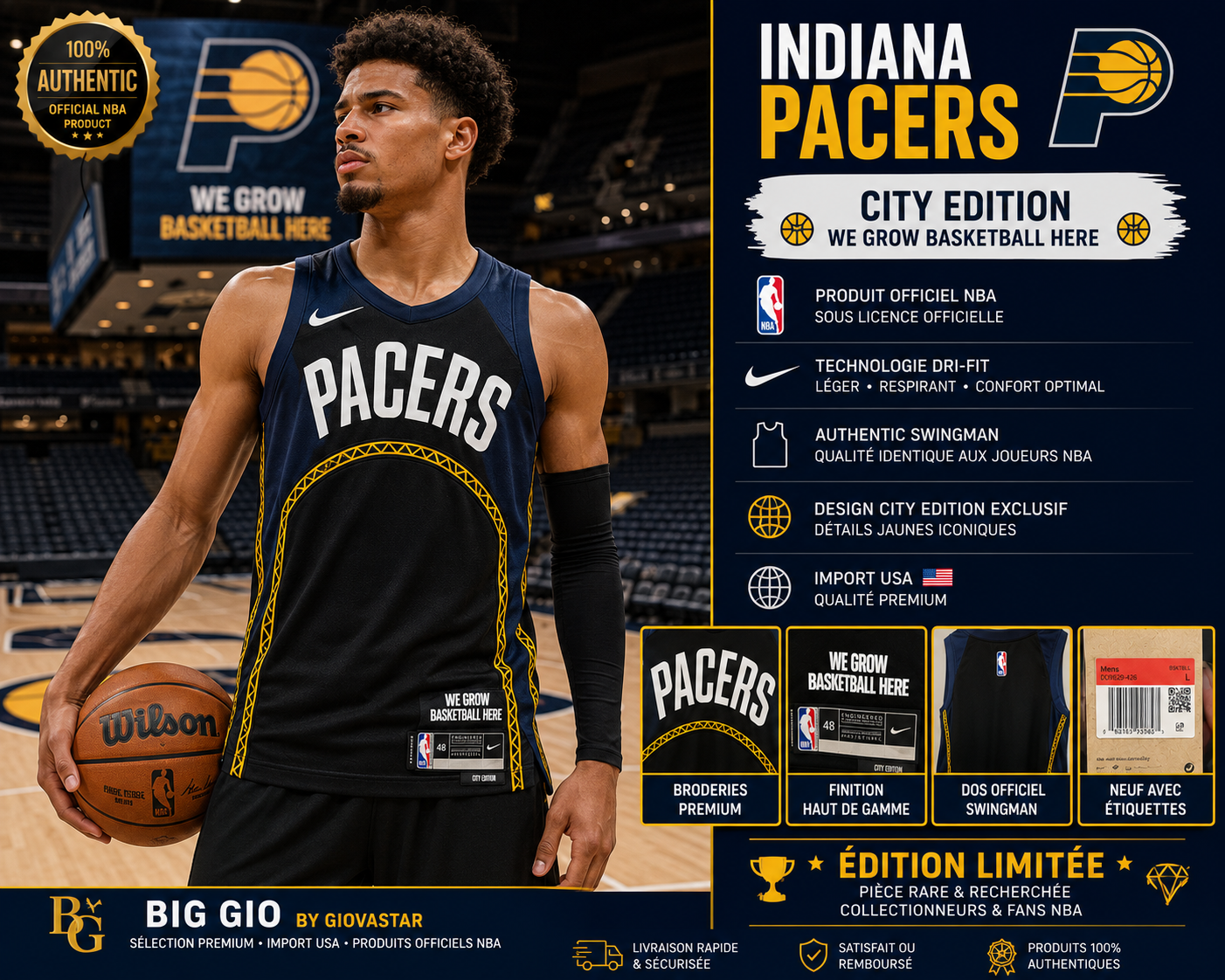 🔥 Nike NBA Indiana Pacers City Edition Swingman Officiel 🇺🇸 Import USA • Neuf avec étiquettes • Collector • Big Gio By Giovastar