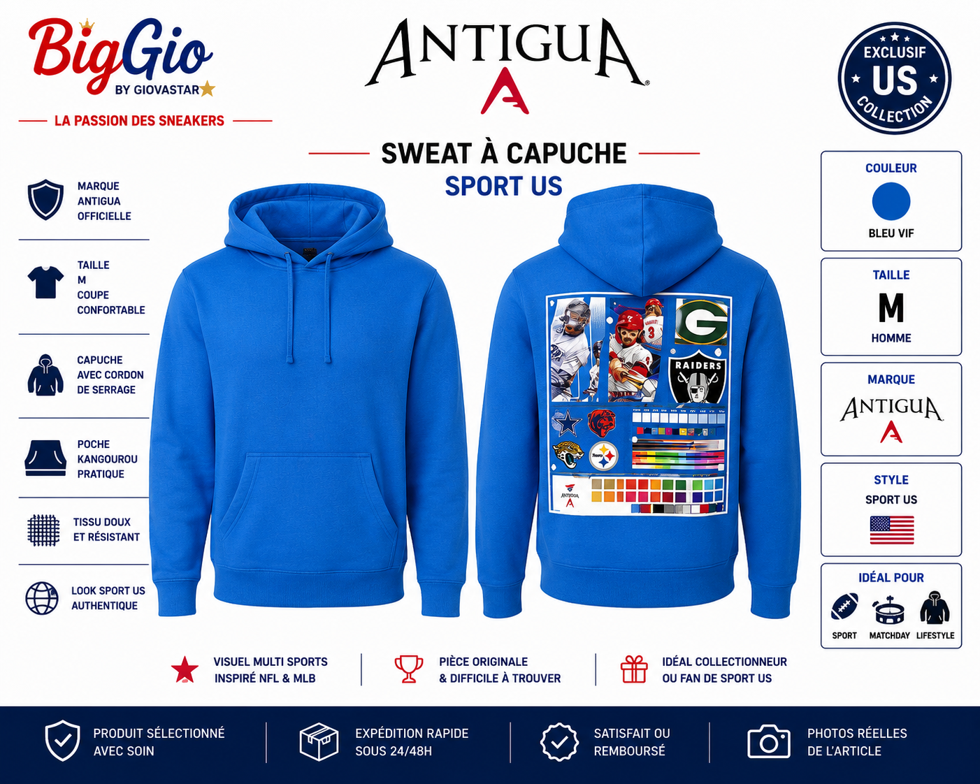 sweat à capuche sport us bleu antigua M