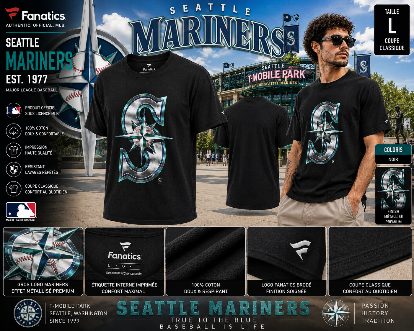 🔥 Fanatics x Seattle Mariners ⚾ MLB T-Shirt Noir Big Logo Metallic – Taille L 🇺🇸