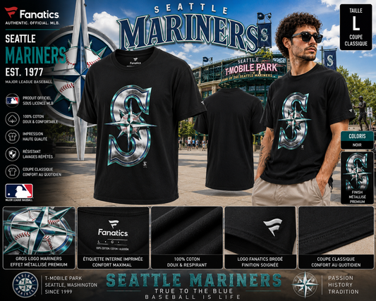 🔥 Fanatics x Seattle Mariners ⚾ MLB T-Shirt Noir Big Logo Metallic – Taille L 🇺🇸