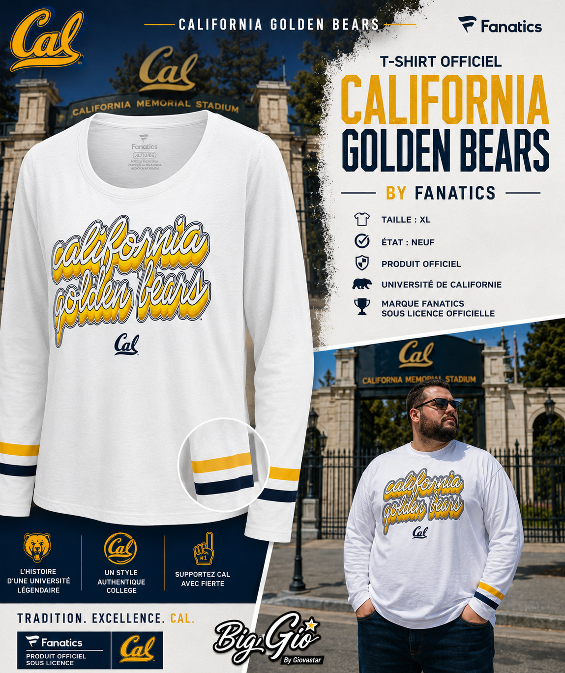 T-Shirt California Golden Bears CAL NCAA Fanatics ⚡ Blanc & Gold – XL – NEUF 🇺🇸