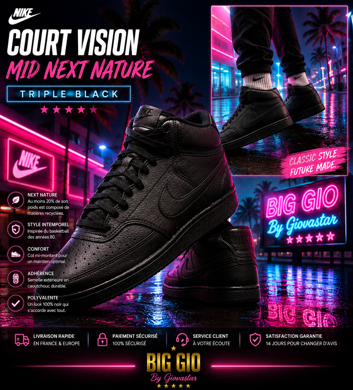 🖤 Nike Court Vision Mid Next Nature "Triple Black" – L'Indispensable Full Black – Neuve avec boîte – EU 45.5
