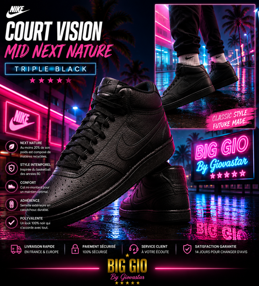 🖤 Nike Court Vision Mid Next Nature "Triple Black" – L'Indispensable Full Black – Neuve avec boîte – EU 45.5