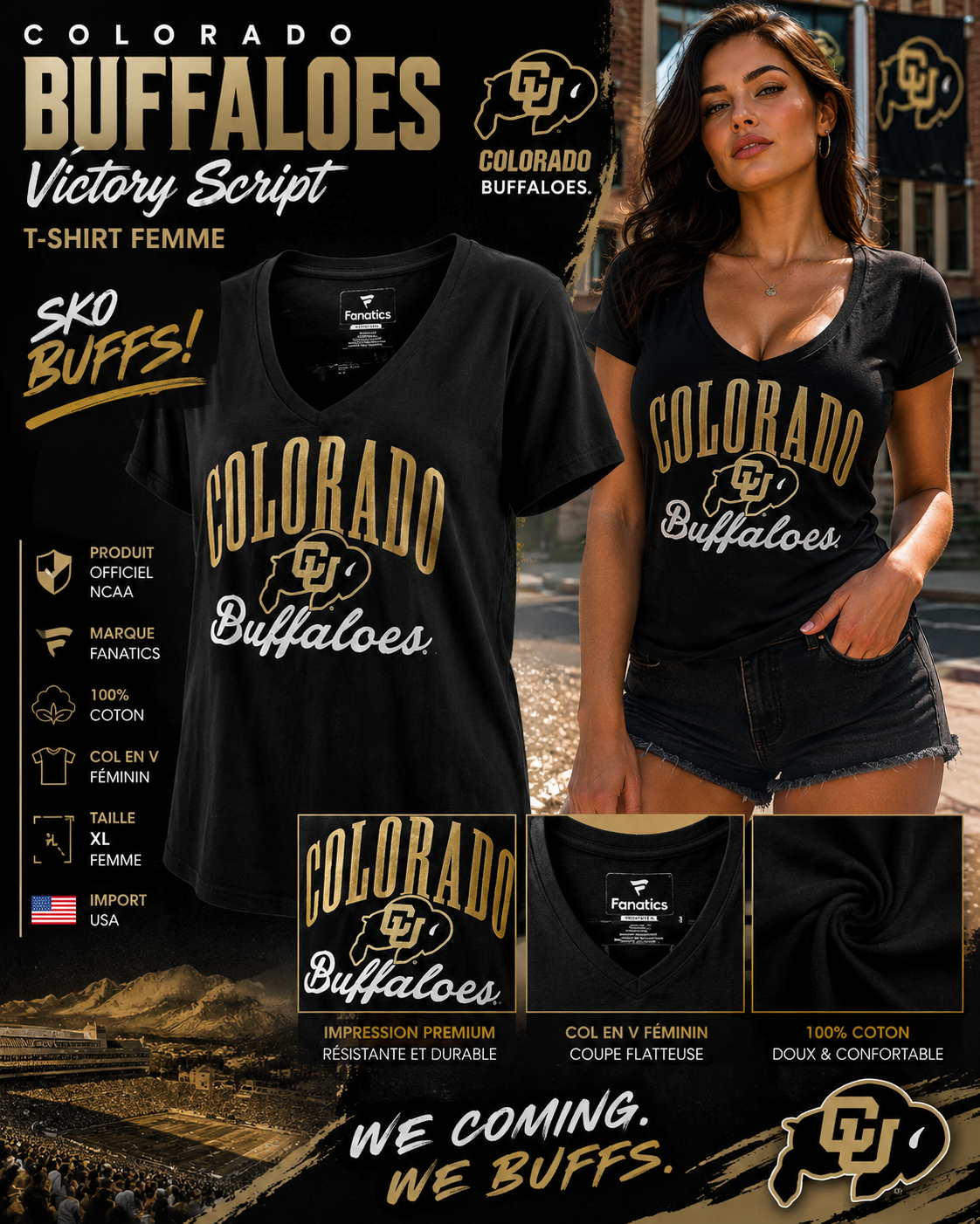 🦬 Colorado Buffaloes Fanatics Victory Script T-shirt Femme XL NCAA USA