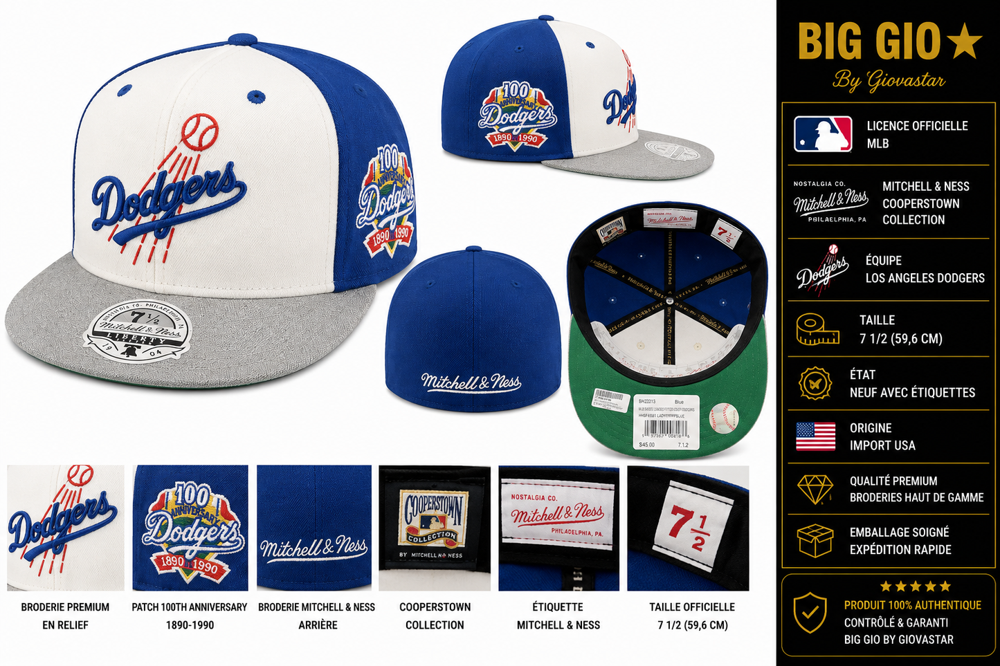 ⚾ Mitchell & Ness Los Angeles Dodgers 100th Anniversary Fitted 7 1/2 MLB USA