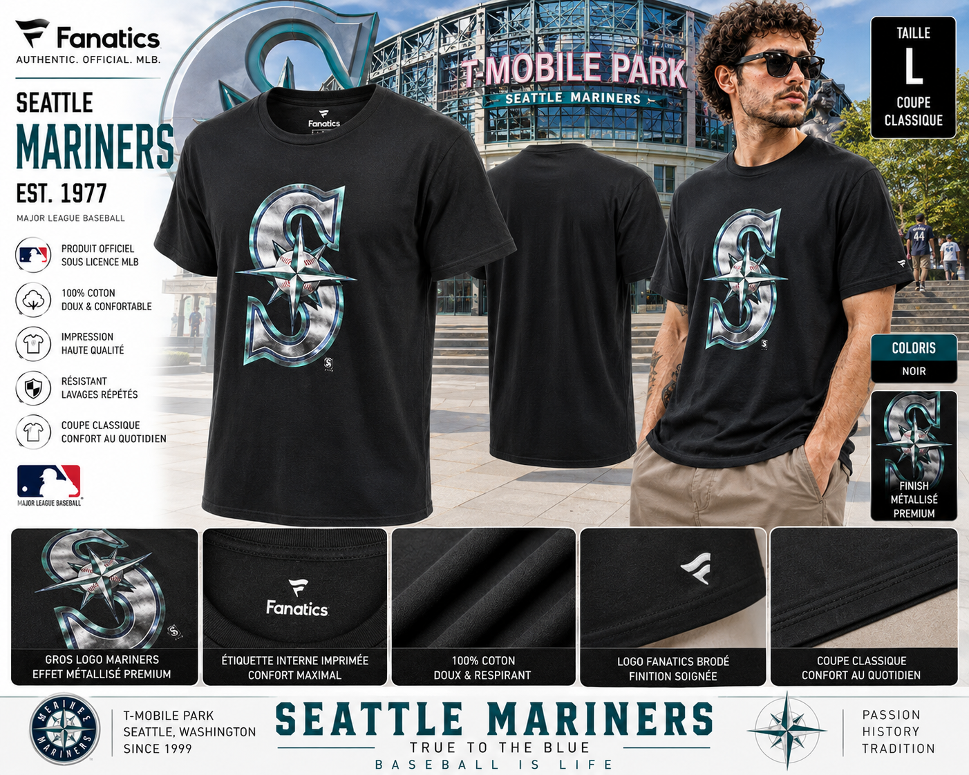 🔥 Fanatics x Seattle Mariners ⚾ MLB T-Shirt Noir Big Logo Metallic – Taille L 🇺🇸
