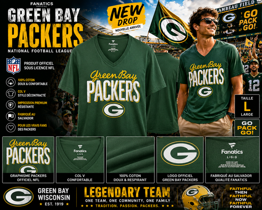 🏈🔥 GREEN BAY PACKERS x FANATICS 💚💛 T-SHIRT NFL COL V • TAILLE L • 100% COTON 🇺🇸 NEW DROP 🔥