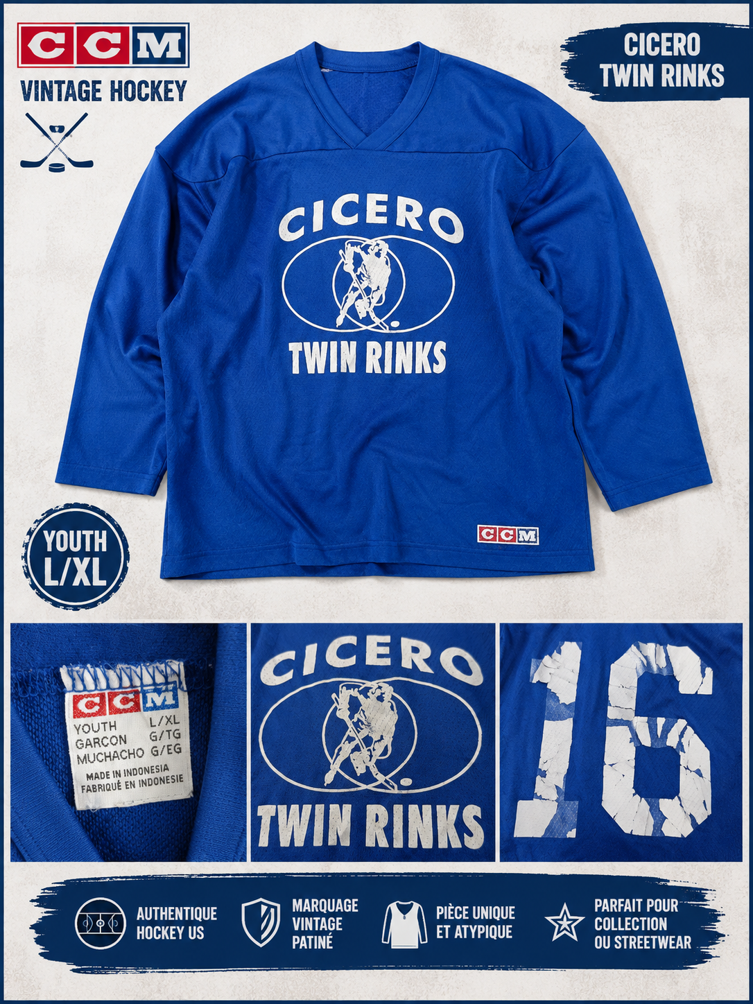 Maillot de hockey vintage CCM Cicero Twin Rinks n°16 bleu – Youth L/XL