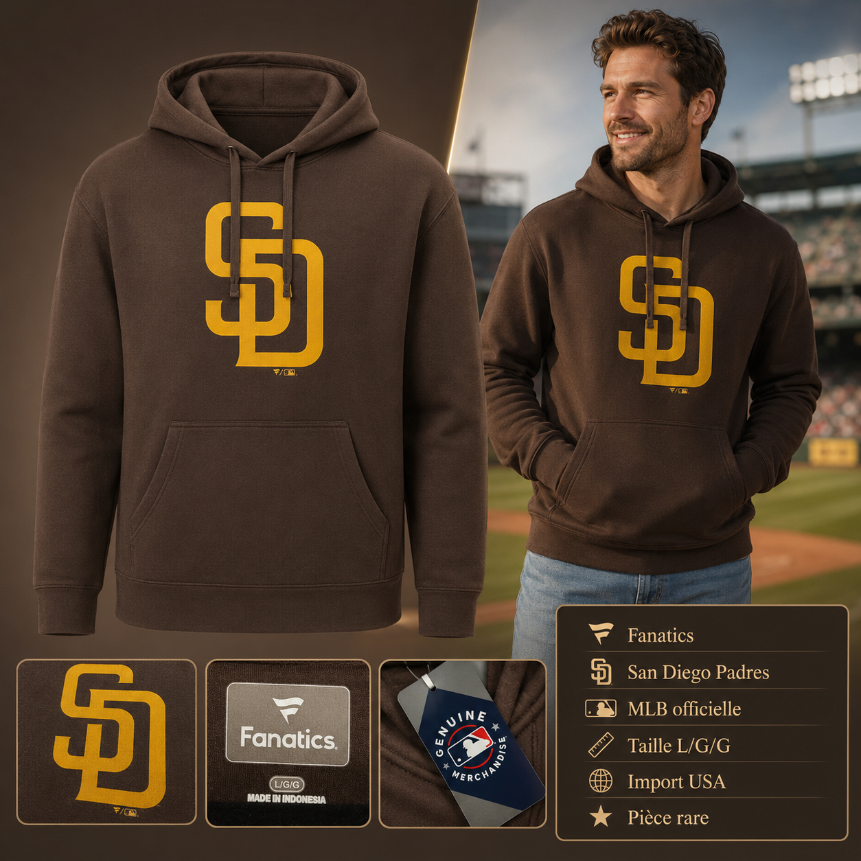 ⚾ Fanatics San Diego Padres MLB Hooded Long Sleeve Performance Tee L Neuf Import USA