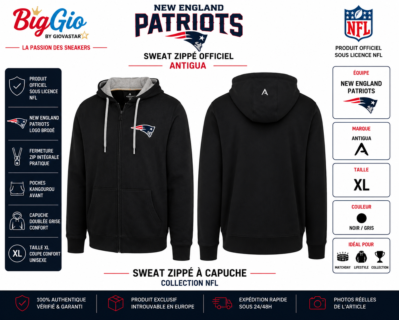 Sweat zippé New England Patriots Antigua NFL XL
