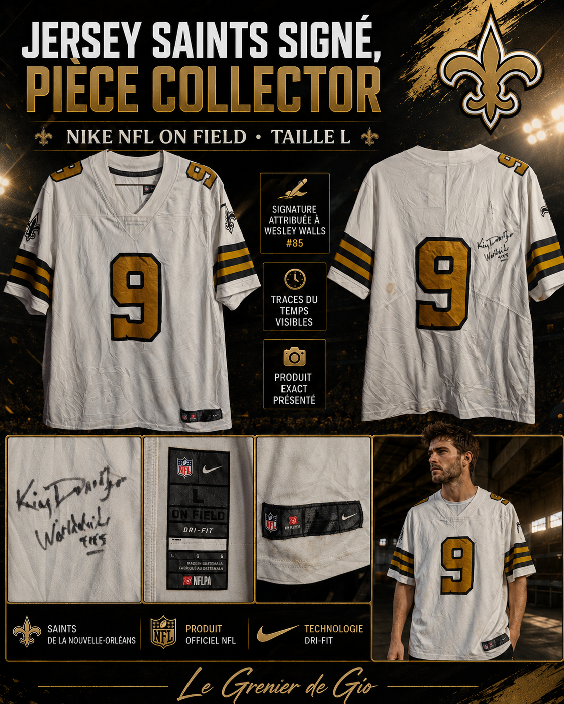 Jersey Nike NFL New Orleans Saints n°9 signé Wesley Walls – Taille L