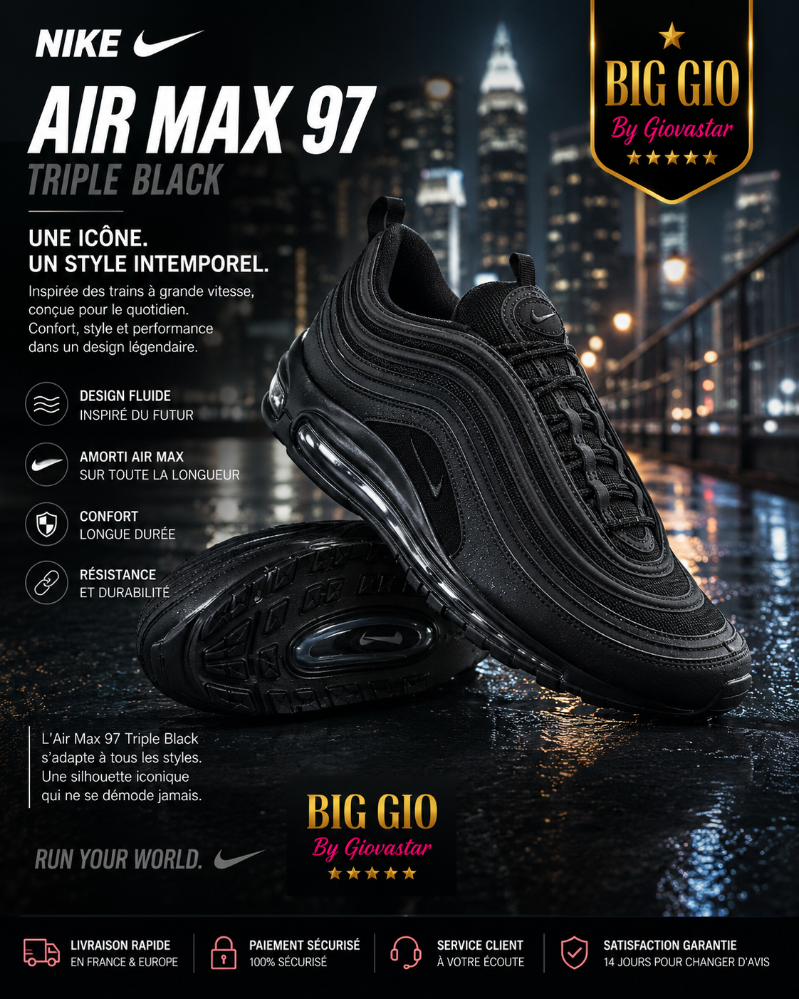 Nike Air Max 97 Triple Black BQ4567-001 – L'icône Air Max intégrale 🖤