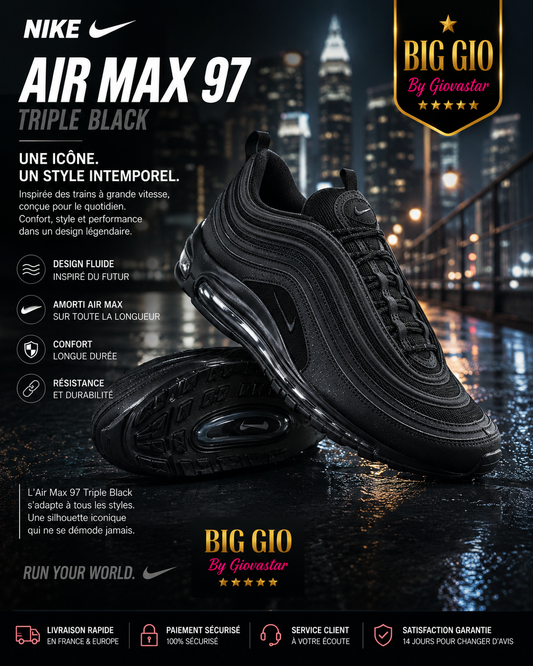 Nike Air Max 97 Triple Black BQ4567-001 – L'icône Air Max intégrale 🖤