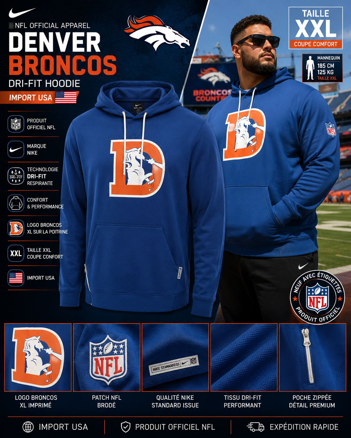 🏈 Nike Denver Broncos Dri-FIT Hoodie NFL Officiel Bleu XXL 🇺🇸 Neuf
