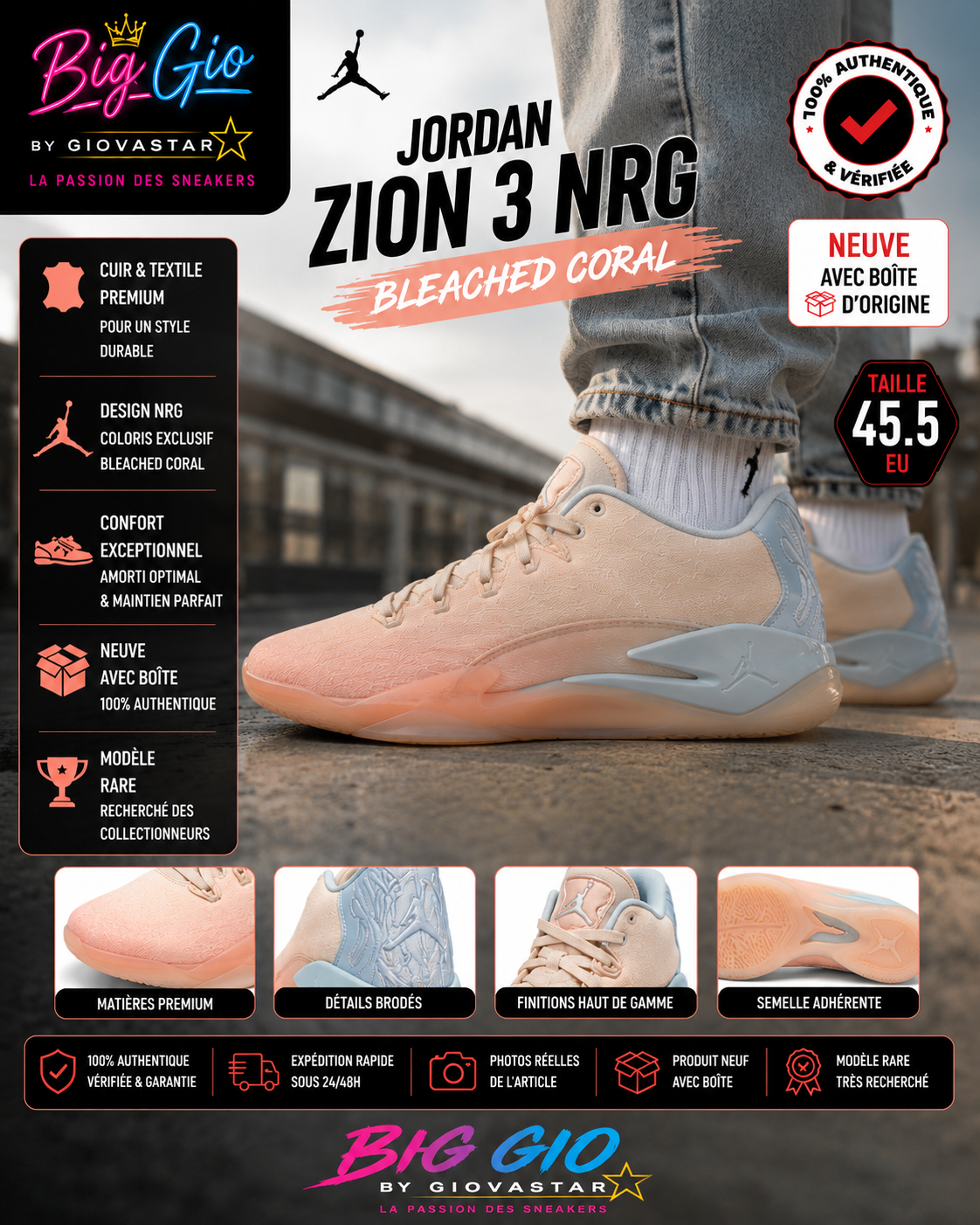 Jordan Zion 3 NRG Bleached Coral avec boîte T45,5