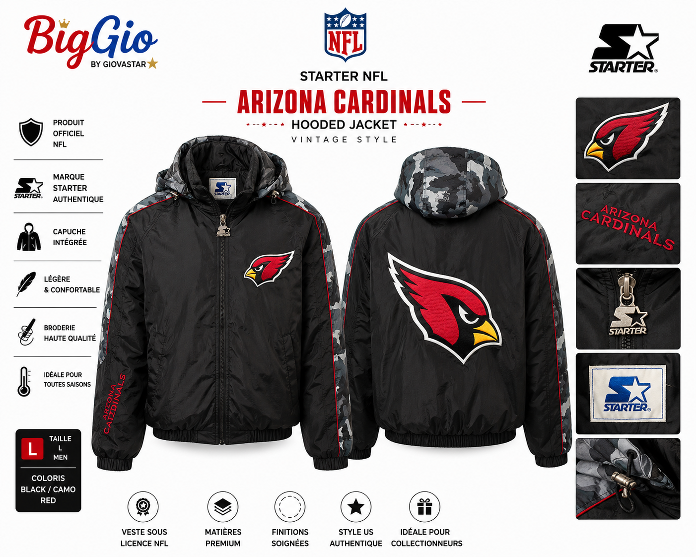 🏈 Arizona Cardinals Starter Vintage Hooded Jacket - Taille L