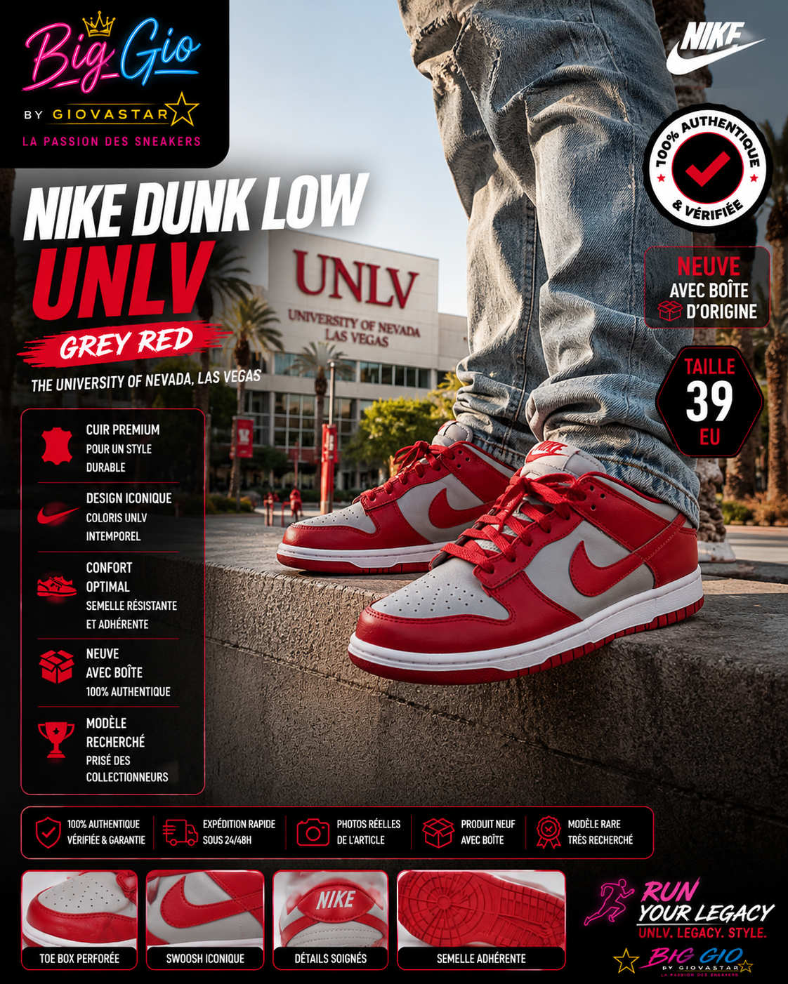 Nike Dunk Low UNLV Grey Red neuve avec boîte T39