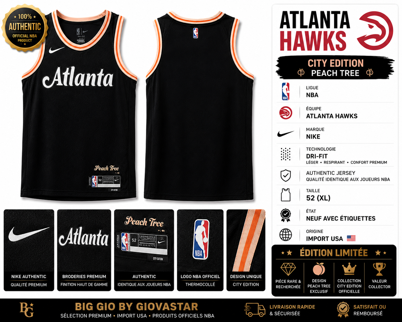 🔥🍑 Nike NBA Atlanta Hawks City Edition "Peach Tree" Authentic Jersey • Import USA • Édition Collector • XL (52) • Officiel NBA
