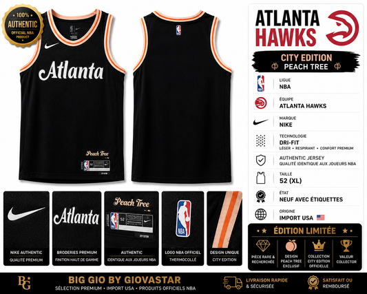 🔥🍑 Nike NBA Atlanta Hawks City Edition "Peach Tree" Authentic Jersey • Import USA • Édition Collector • XL (52) • Officiel NBA