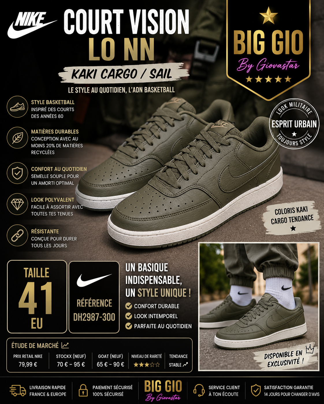 🥾🔥 Nike Court Vision Lo NN Cargo Khaki Sail EU 41 – Look militaire premium 🌲⚡