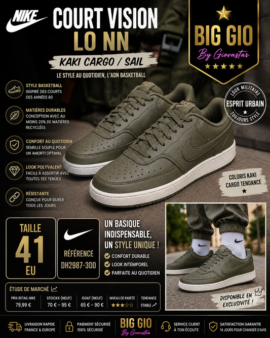 🥾🔥 Nike Court Vision Lo NN Cargo Khaki Sail EU 41 – Look militaire premium 🌲⚡
