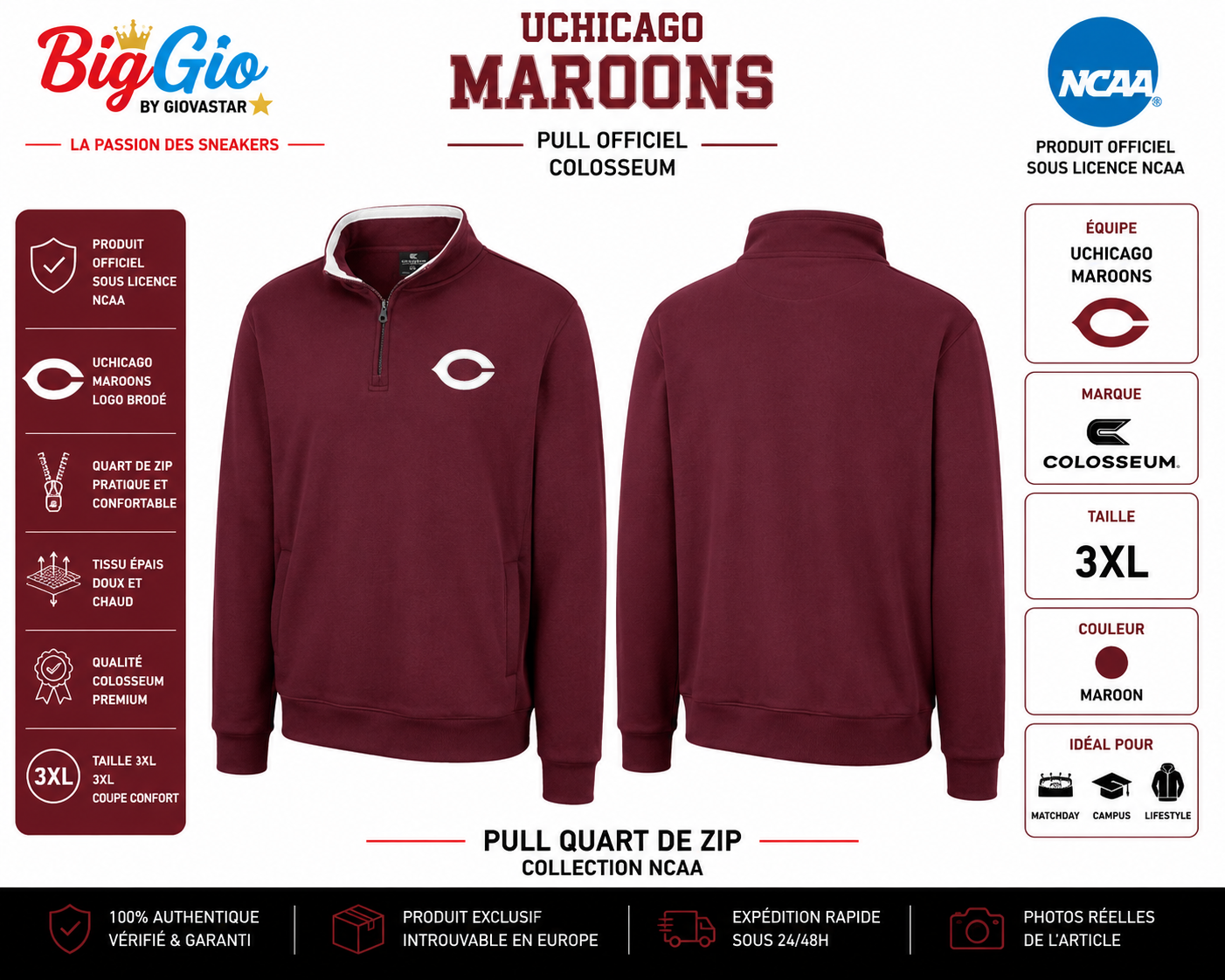 Pull quart de zip UChicago Maroons Colosseum 3XL NCAA