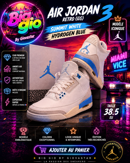 Air Jordan 3 Retro Lucky Shorts Summit White Hydrogen Blue T38.5
