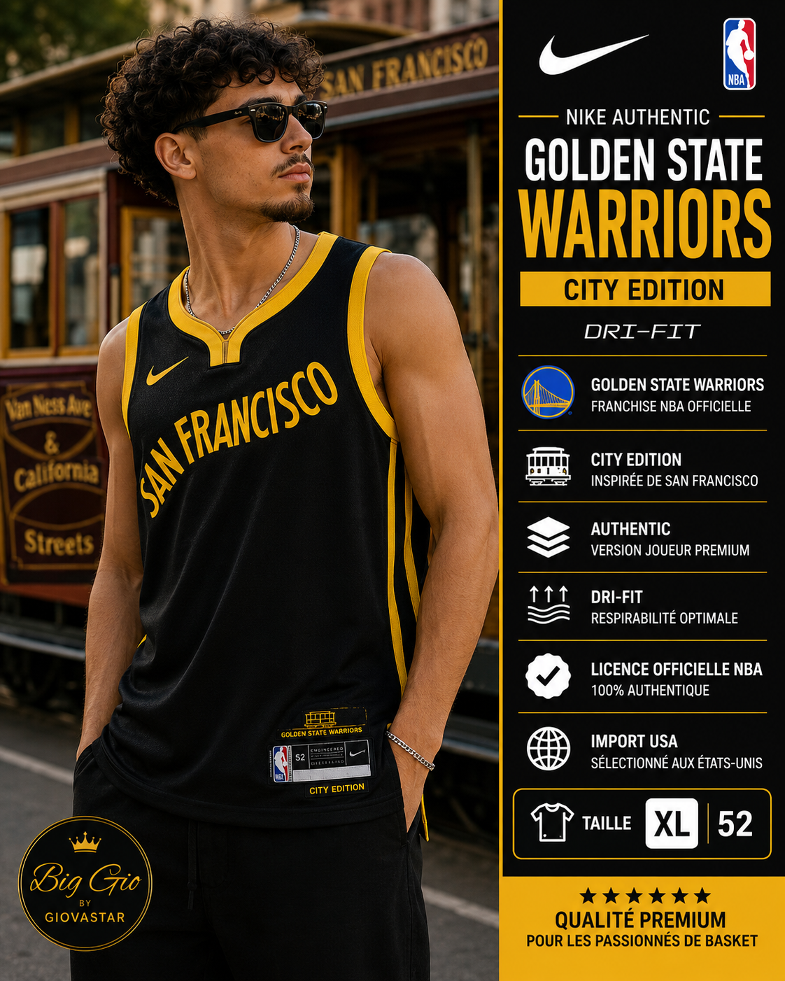 A🔥 Nike Golden State Warriors City Edition San Francisco Noir/Or NBA Authentic Dri-FIT XL 52 🏀 Import USA ⭐