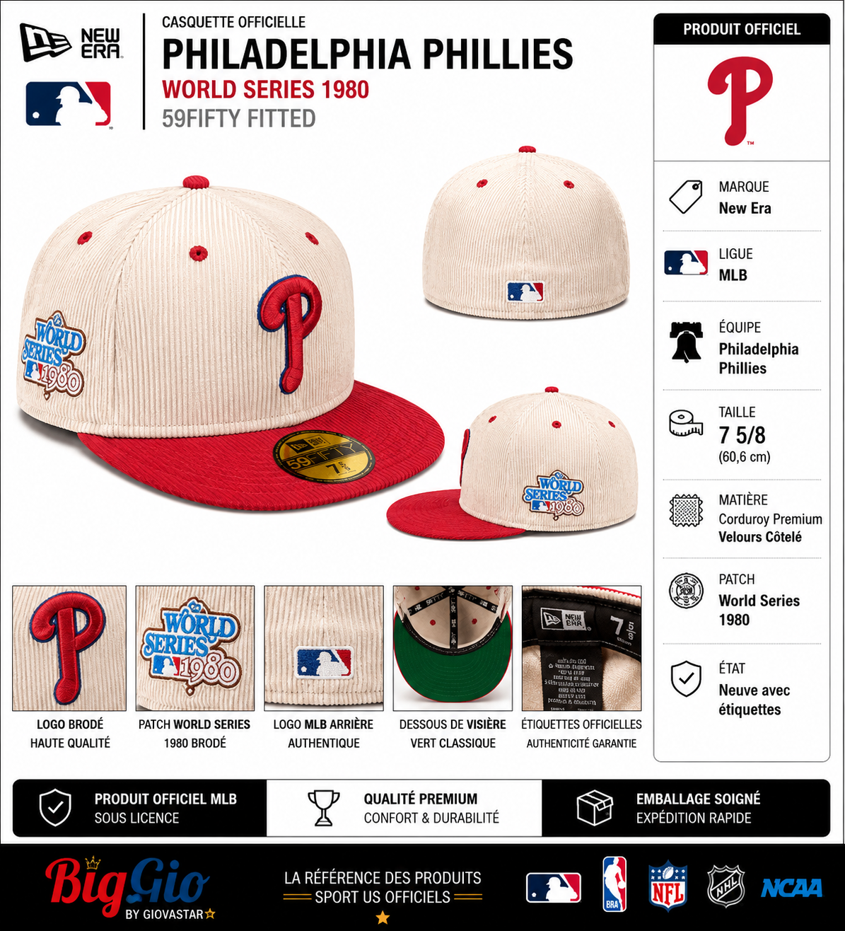 Philadelphia Phillies New Era 59FIFTY World Series 1980 Corduroy 7 5/8