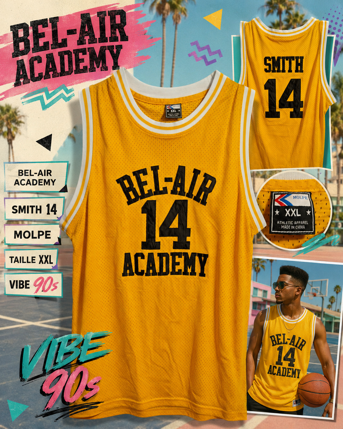 Maillot de basket MOLPE Bel-Air Academy Smith n°14 jaune – Taille XXL