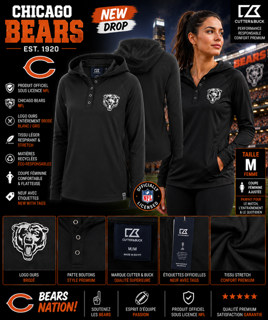 🔥 NEW DROP | Chicago Bears NFL 🐻 Cutter & Buck Coastline Hoodie Femme Noir | Taille M | Neuf avec Étiquettes 🇺🇸