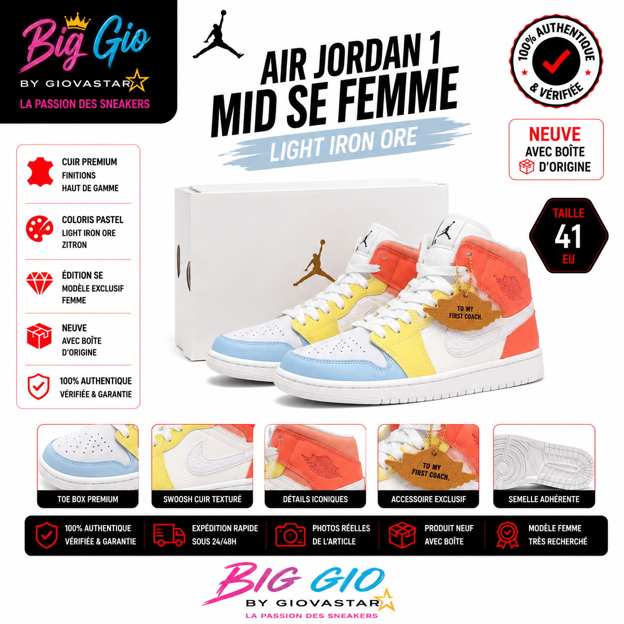 Air Jordan 1 Mid SE Light Iron Ore neuve boîte T41