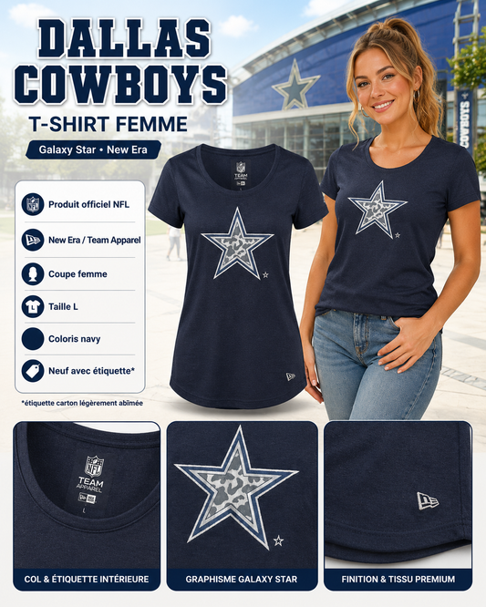 🏈 T-shirt Femme Dallas Cowboys Galaxy Star New Era NFL Bleu Marine Taille L Neuf