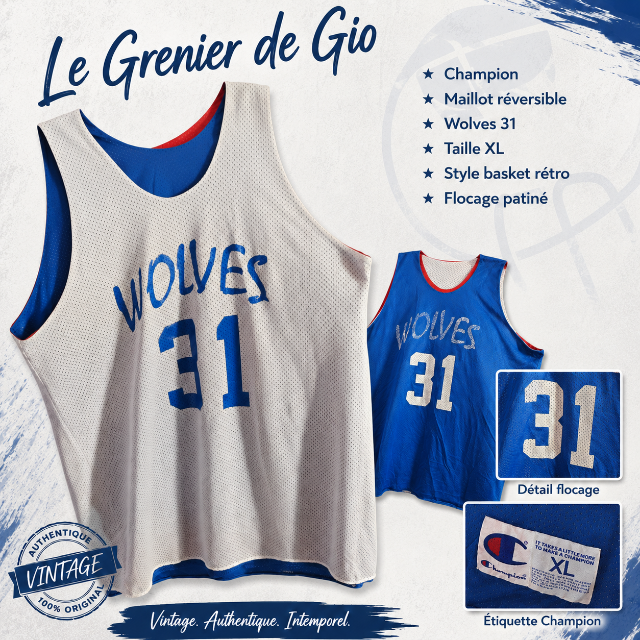 Maillot de basket réversible Champion Wolves n°31 bleu et blanc – Taille XL