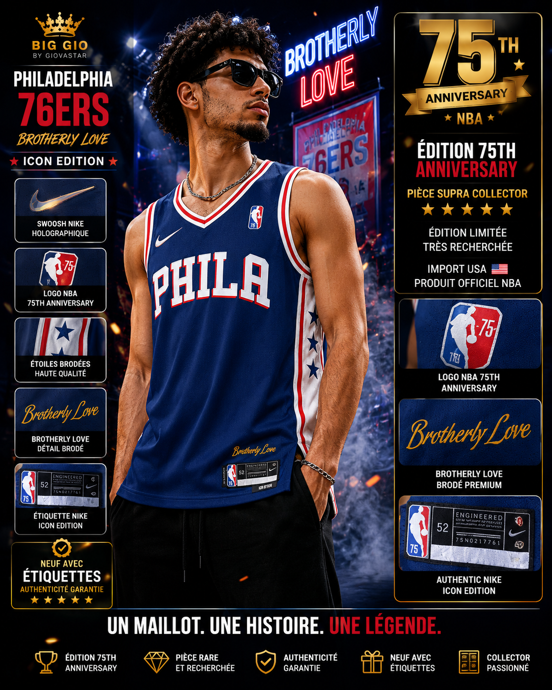 🔥 Nike NBA Philadelphia 76ers City Edition "Brotherly Love" 75th Anniversary • Dri-FIT • Neuf avec étiquettes • Import USA • Taille 52 (XL)