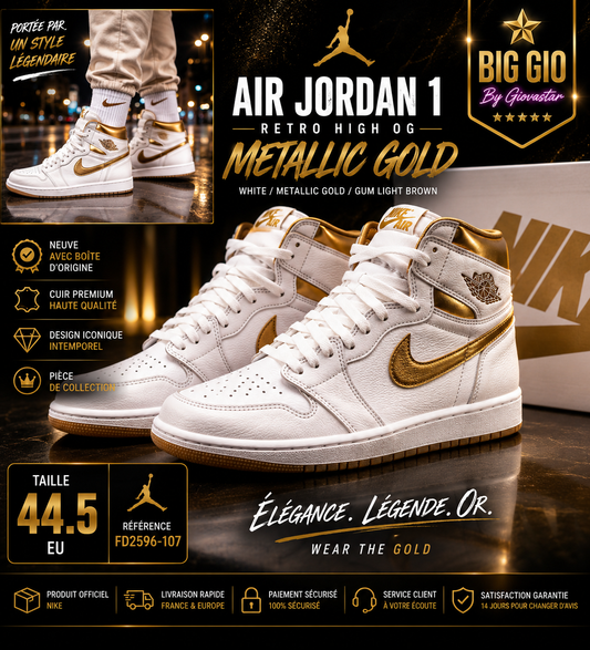 ✨ Air Jordan 1 Retro High OG Metallic Gold White Gum – Neuve avec boîte – EU 44.5