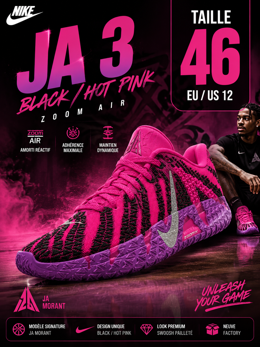 🔥 Nike Ja 3 Black Hot Pink Glitter Swoosh 💖 Zoom Air • Neuve Factory • Taille 46 EU • Import USA
