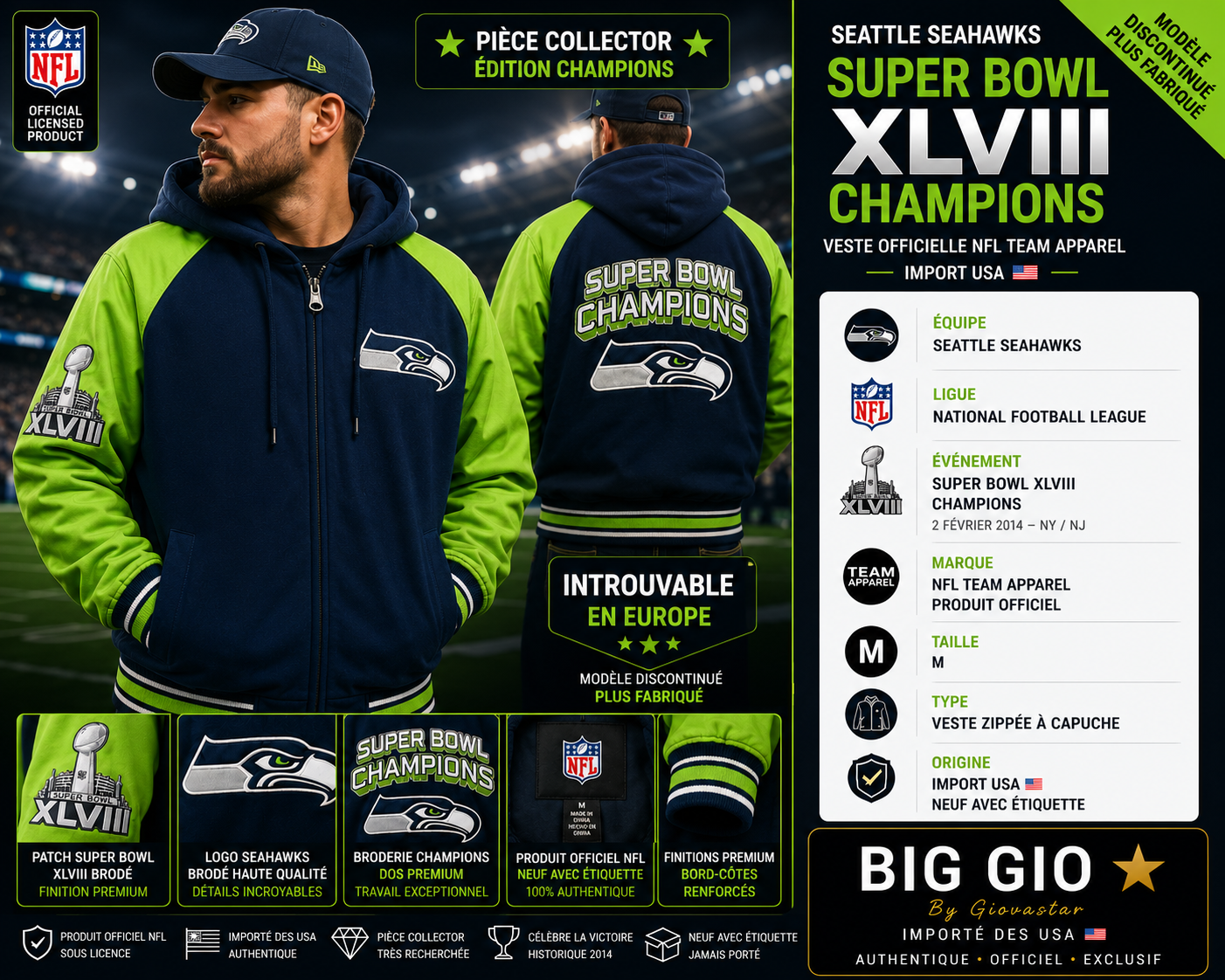 🔥 Veste Seattle Seahawks Super Bowl XLVIII Champions NFL Officielle Import USA Collector Taille M