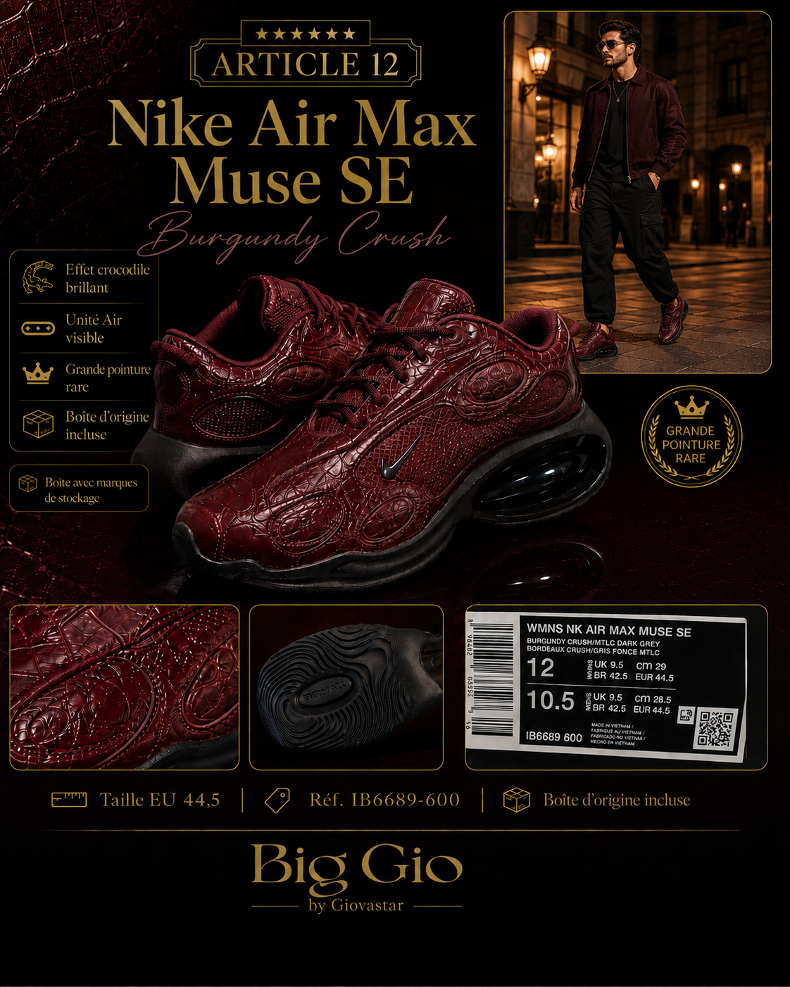 🔥 Nike Air Max Muse SE Crocodile Burgundy Crush – Taille 44,5