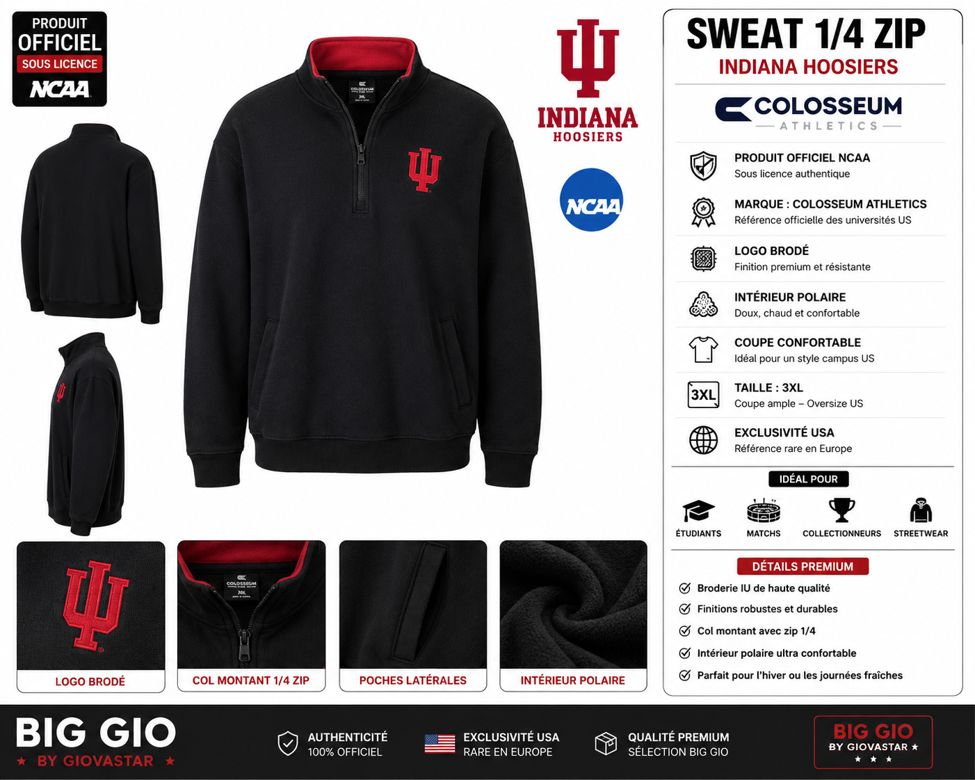 Indiana Hoosiers NCAA Sweat 1/4 Zip Colosseum Noir Rouge 3XL