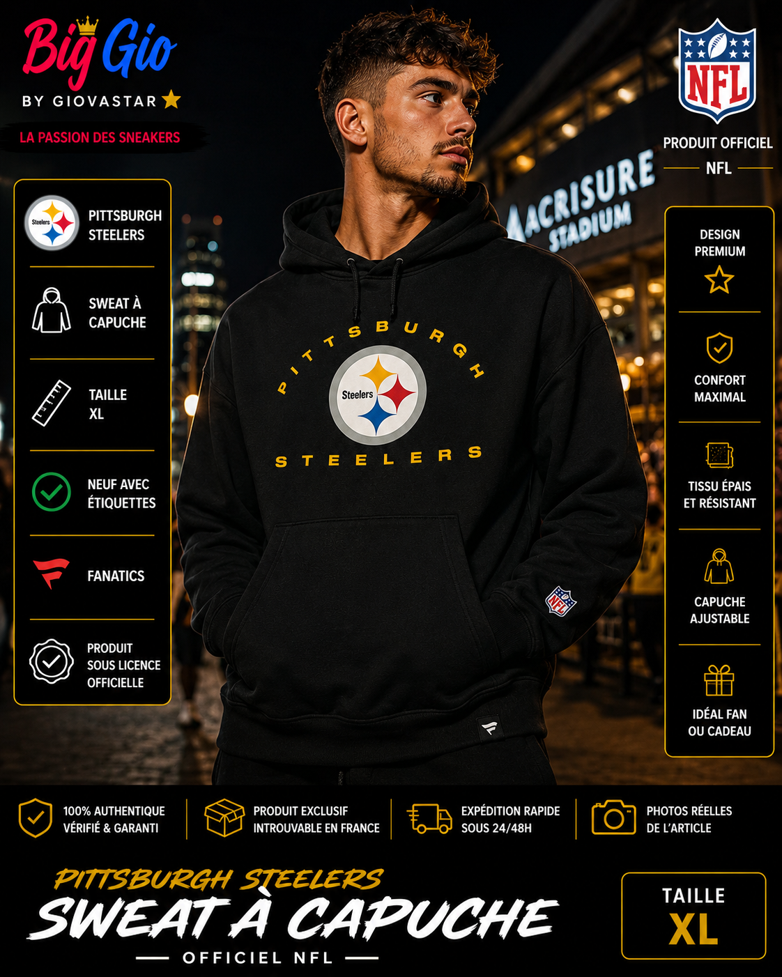 sweat à capuche pittsburgh steelers nfl fanatics xl