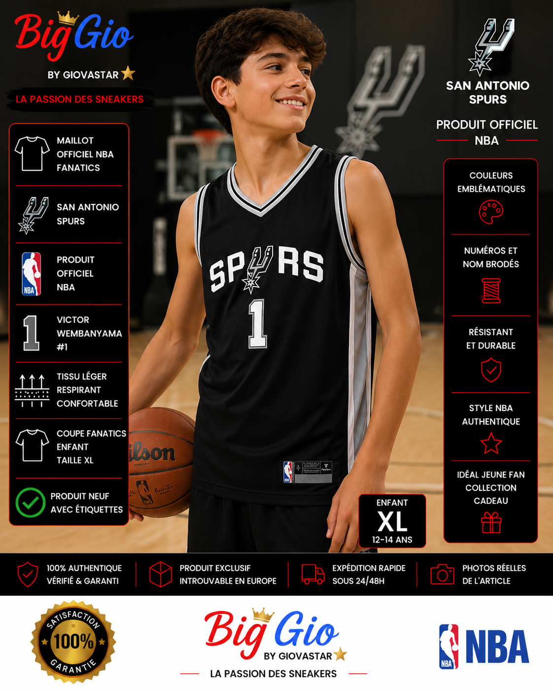 Maillot NBA Spurs Wembanyama #1 Fanatics enfant XL