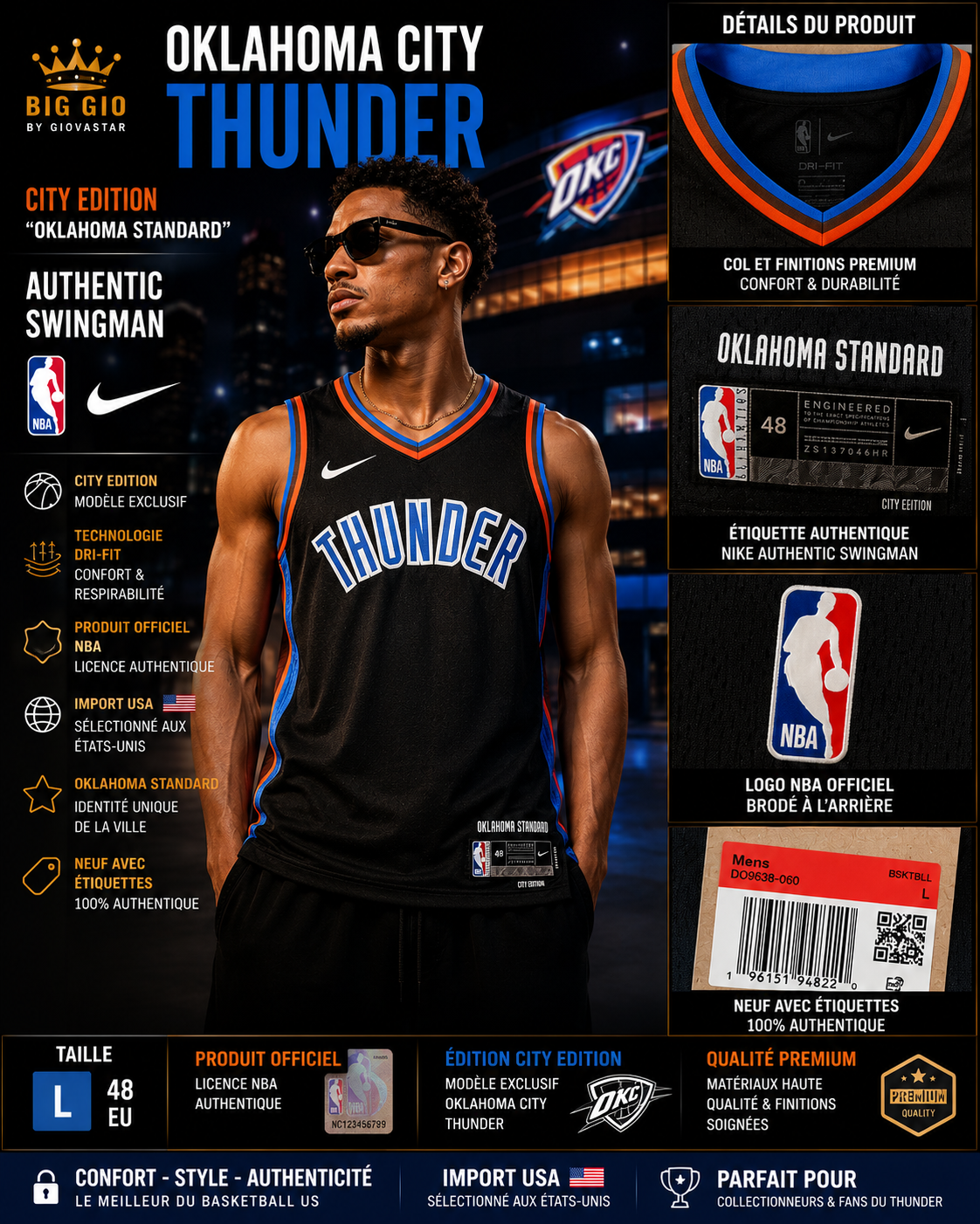 🏀 Nike NBA Oklahoma City Thunder City Edition "Oklahoma Standard" Authentic Swingman Noir - Taille L - Import USA 🇺🇸