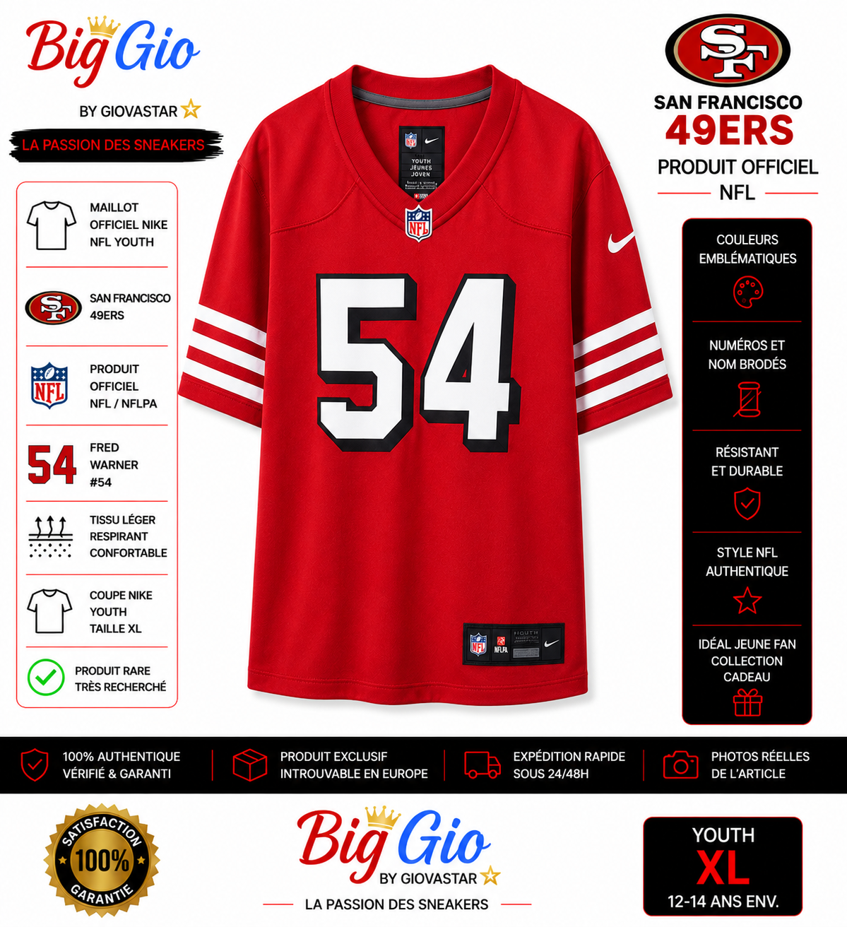 maillot nike nfl san francisco 49ers fred warner 54 youth Xl