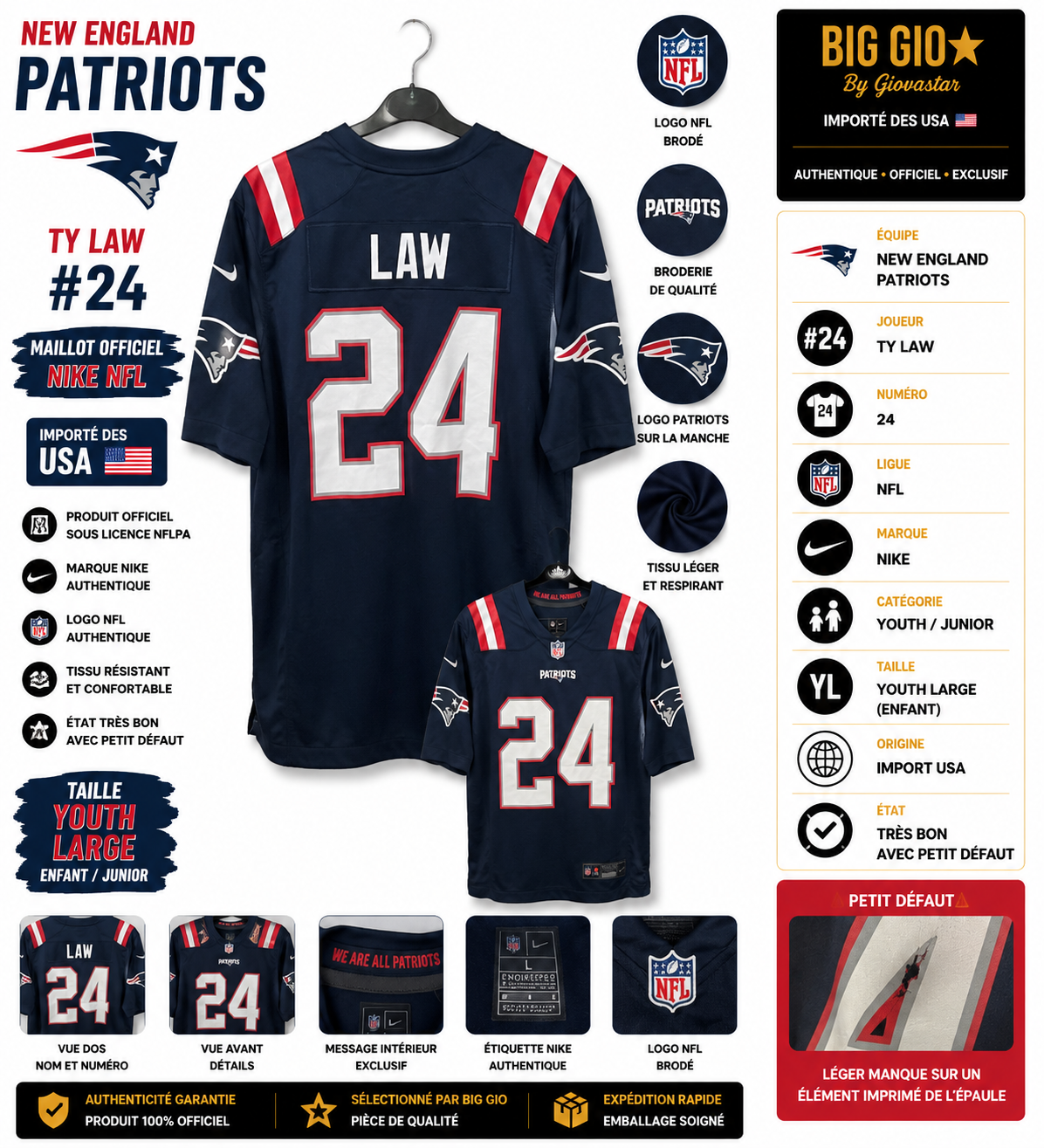 maillot nfl patriots ty law #24 nike youth large