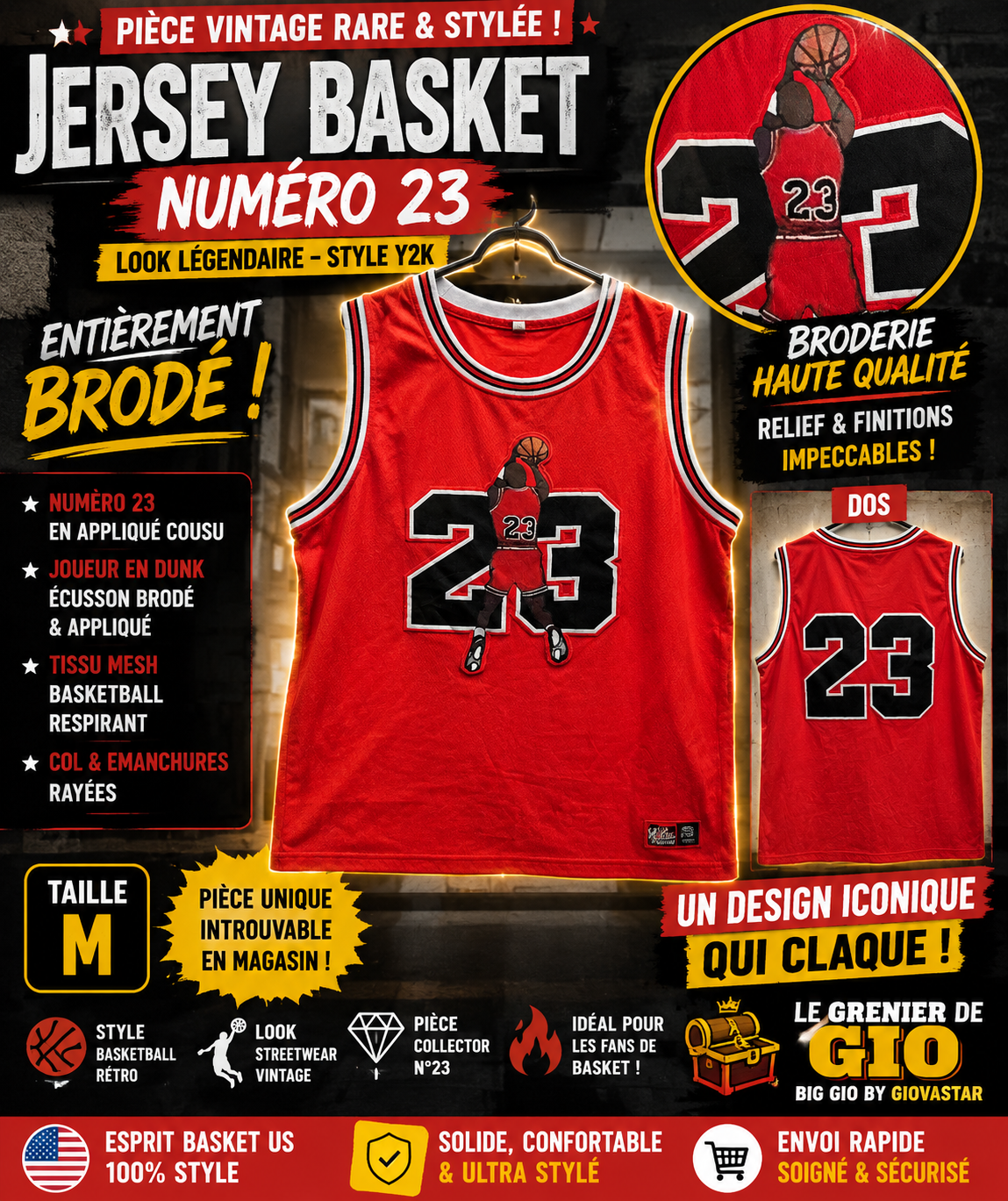 Jersey basketball vintage n°23 à appliqués cousus rouge – Taille M